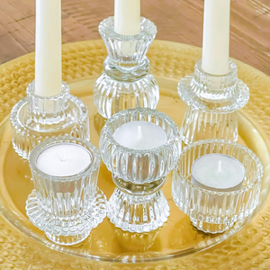 lot 3100 image: Set of 6 - Ribbed Glass Votive Candle Holders - Vintage, Clear, 3 Sizes