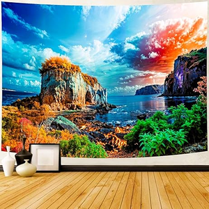 lot 3106 image: Delur Coastal Ocean Beach Tapestry, Forest Tree, Sunrise Sea Landscape Tapestry Wall Hanging ( 51.2L x 59.1W)