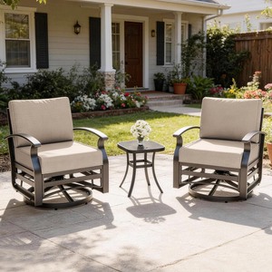 lot 2600 image:  Retail $799.99 ALAULM 3 Piece Patio Set, Metal Outdoor Swivel Chairs Set of 2 with 5.1 High-Resilience Seat Cushions Tempered Glass Coffee Table Removable Cushions for Backyard, Lawn, Porch, Navy