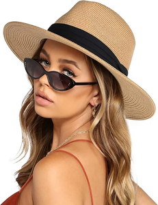 lot 11070 image: FURTALK Womens Wide Brim Straw Panama Hat Fedora Summer Beach Sun Hats UPF Straw Hat Khaki