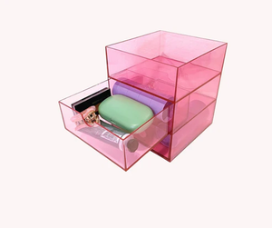 lot 11082 image: Pink Acrylic Drawer Organizer  3 Tier Clear Storage Unit for Makeup, Jewelry & Desk Essentials