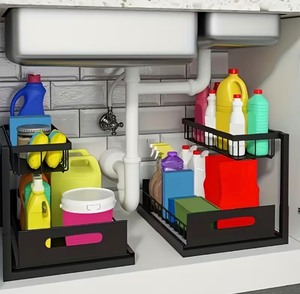 lot 11100 image: Set of 2 L-Shaped Under Sink Organizer w Sliding Drawer  Metal Storage Rack