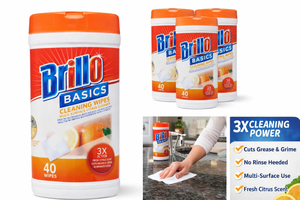 lot 9509 image: 3-Pack Brillo Basics Multi-Surface Citrus Cleaning Wipes  40 Count Each  Grease-Cutting, No-Rinse Household Wipes