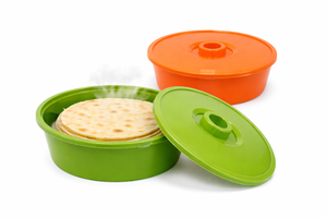 lot 9515 image: Green & Orange Tortilla Warmer Bowl with Lids  Microwave Safe