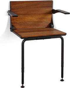 lot 3979 image: Comfort Plus Folding Shower Seat with Armrests & Legs  Heavy-Duty Wall-Mounted Shower Bench, Teak Wood Seat with Black Frame