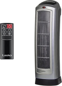 lot 4003 image: Lasko Oscillating Digital Ceramic Tower Heater for Home with Adjustable Thermostat, Timer and Remote Control, 23 Inches, 1500W, Silver, 755320