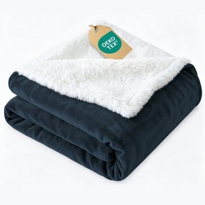 lot 4006 image: CGK Linens Solid Plush Bed Blanket with Faux Shearling Reverse, King Size, Navy Blue