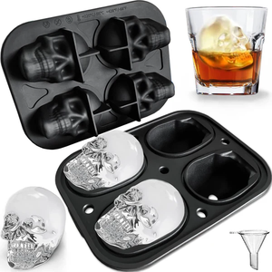 lot 3120 image: Large 3D Skull Ice Mold - 4 Cavity Silicone Skull Ice Maker - Food Grade Silicone, Microwave, Oven, Freezer, and Dishwasher Safe.s and Juice