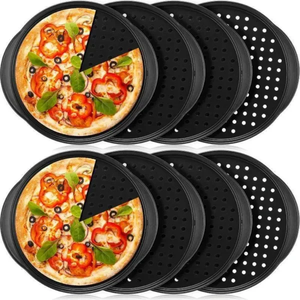 lot 3128 image: 8-Pack of 12-Inch Non-Stick Pizza Pans with Holes & Handles, Perfect for Fresh or Frozen Pizzas, Seafood, Vegetables, Sandwiches, and More