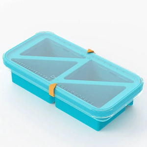 lot 3168 image: 2 Pack - Portion Control Silicone Freezer Tray with Lid  4-Cup Compartments, Date Marker & Steel Rim