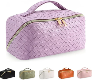lot 3171 image: 2-Pack Large Capacity Makeup Bags  Purple & Brown PU Leather Travel Cosmetic Organizers