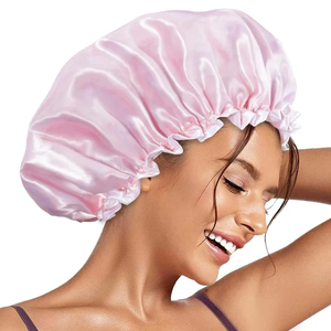 lot 3174 image: 3-Pack Double-Layer Waterproof Shower Caps  Reusable Elastic Hair Covers (Pink, Sky Blue & Black)