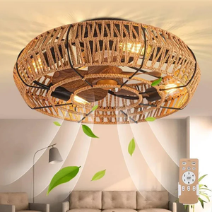 lot 3180 image: Boho Caged Flush Mount Ceiling Fan with Light - Rattan Twine Design, Remote Control, Quiet Reversible Motor, 4x E25 Bulbs