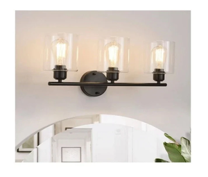 lot 3187 image: 3-Light Rustic Vintage Bathroom Fixture Vanity Light w Clear Glass Shade, Black