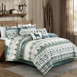 lot 2640 image: Chezmoi Collection Lake 7-Piece Northwest Cabin Lodge Comforter Set - Multicolor Pine Tree Fish Deer Explorer Mountain Printed Microfiber Bedding, Full