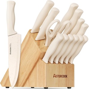 lot 2649 image: Astercook Knife Set, 15 Pieces Kitchen Knife Set with Sharpener Block, German Stainless Steel Knives Set with Anti-Rust Coating, Dishwasher Safe Elegant Cream White Knife Block Sets, Valentines Gift