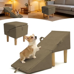 lot 2655 image: Split Ottoman Dog Ramp for Couch and Low Bed, 2-in-1 Foldable Dog Stairs for Small Dogs and Cats, Wooden Pet Ramp with Non-Slip Surface, Portable Step Stool Design. Coffee