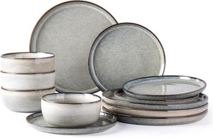 lot 2659 image: Ceramic Dinnerware Sets for 4, 12 Pieces Stoneware Plates and Bowls Sets, Reactive Glaze Dishes -Scratch Resistant, Dishwasher&Microwave Safe, Green Wheat