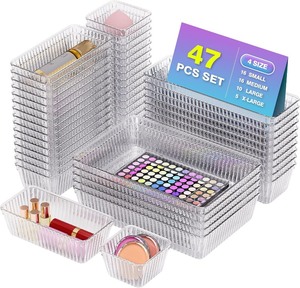 lot 2660 image: 47 PCS Clear Plastic Drawer Organizer Set - 4 Sizes Makeup Organizer Desk Drawer Divider Bathroom Organizers and Storage Bins for Makeup, Jewelry, Gadgets, Office, Kitchen, Bedroom, Bathroom