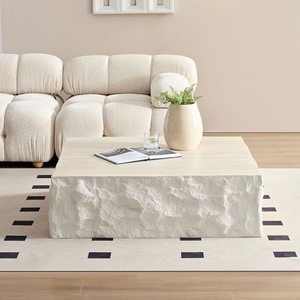 lot 2664 image: 35 Fiberglass Square Coffee Table with Round Edge Design, Modern Style Imitation Stone Center Coffee Table, No Assembly Required, for Living Room, Bedroom, Reception Room, Beige