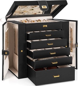 lot 2671 image: AKOZLIN Huge Jewelry Box Organizer Functional Extra Large Leather Jewelry Storage Case for Women Girls Ring Necklace Earring Bracelet Holder Organizer with Mirror Black