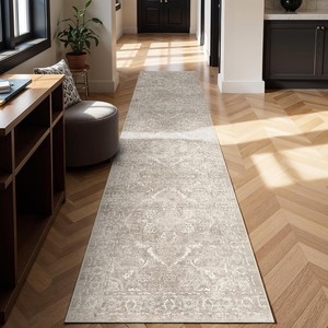 lot 2672 image: Washable 3x14 Runner Rug - Non-Slip Vintage Runner Rug for Entryway Low-Pile Medallion Long Rugs for Hallway Waterproof Traditional Runner Rugs Indoor Thin Rug for Kitchen (Beige)