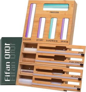 lot 2673 image: 9 In 1 Storage Bag Organizer And Plastic Wrap Dispenser With Cutter, Bamboo Foil and Plastic Wrap Organizer