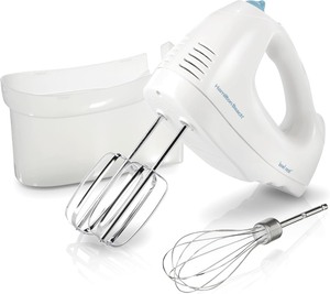 lot 2677 image: Hamilton Beach 6-Speed Electric Hand Mixer with Whisk, Traditional Beaters, Snap-On Storage Case, 250 Watts, White