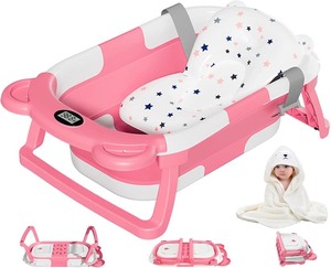 lot 2683 image: MoreFeel Collapsible Baby Bathtub for Newborn with Thermometer & 1 Hooded Towel & 1 Soft Floating Cushion,Portable Travel Bathtub with Drain Hole, Durable Foldable Baby Tubs for Infants to Toddler