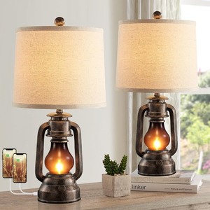 lot 4019 image: Farmhouse Lantern Table Lamps for Living Room Set of 2, Vintage Bedroom Resin Lamp with Dual USB Charging Ports, Rustic Retro Bedside Nightstand Desk Lamp, 4 Bulb Included