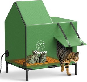 lot 4022 image: Pawaboo Heated Cat House for Outdoor in Winter, Weatherproof Cats Shelter for Outside with Waterproof Awning & Elevated Base, Insulated Outdoor Cats House with Heater for Feral Barn Cat