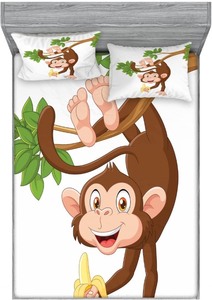 lot 4025 image: Ambesonne Cartoon 2 Pack Fitted Sheet & Pillow Sham Set, Monkey with Banana Tree, 4 Pcs Bedding Decor, Package Contains 2 Full Size Fitted Sheets & 4 Pillow Covers, Chocolate White