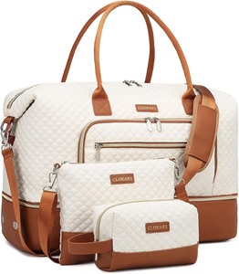 lot 4039 image: Weekender Bags for Women, Travel Tote Duffle Bag Carry On Overnight Bag with Cosmetics Bag and Crossbody Purse for Gym Hospital, Gifts for Women, Beige Brown