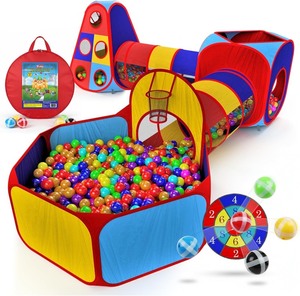 lot 4055 image: Playz 5pc Kids Play Tents & Tunnels - Ball Pit for Toddlers, Basketball Hoop, Crawling Tubes, Pop-Up Playhouses, Baby Obstacle Course for Indoor or Outdoor Use