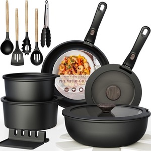 lot 4057 image: Astercook Non Stick RV Pots and Pans Ceramic Kitchen Cookware Set with DetachableRemovable Handle, Oven Safe, Induction Ready, Stackable, Black, 21 pcs