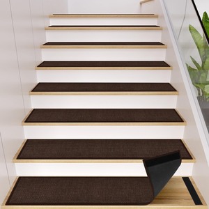 lot 4058 image: Peel and Stick Self Adhesive Jute Carpet Stair Treads, 14 Pack Rubber Backed Basement Safety Stair Mats, Non Slip Stair Cover Step Pads for Stairs, Deep Brown