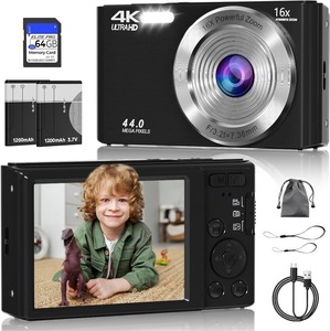 lot 2696 image: Digital Camera, FHD 4K 44MP Digital Camera, 16X Digital Zoom, Digital Point and Shoot Camera with 3-LED Fill Lights, 64GB SD Card, Compact Camera for Kids Teen Boys Girls, Black