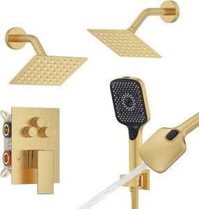 lot 2711 image: Bathtub Shower Faucet Set Brushed Gold,Push Button Diverter Shower System for 2 people with 2 in 1 Hand Shower, Dual Shower Head with handheld Wall Mount valve trim kit (cartridge Included)