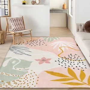 lot 2712 image: Lahome Washable Pink Area Rug 9x12 - Living Room Carpet Non-Slip Backing Ultra-Thin Extra Large Lightweight Throw Non Shedding Dining Room Rug, Boho Botanical Print Rug for Bedroom Guest Room Home