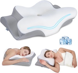 lot 2716 image: Cervical Neck Pillow, Memory Foam Pillows for Neck and Shoulder Pain Relief, 2 Heights Ergonomic Pillow with Breathable Ice Silk Cover, Neck Support Pillow for Side Sleepers White