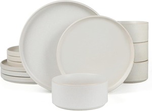 lot 2728 image: Star Dinnerware Sets, Plates and Bowls Set for 4, 12 Pieces Ribbed Dishes - Chip and Scratch Resistant, Microwave and Dishwasher Safe Tableware, Matte White