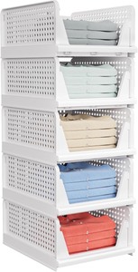 lot 2731 image: 5 Pack Stackable Closet Storage Basket - Stackable Storage Bins, Multifunctional & Foldable Closet Organizer Waterproof, Wardrobe Cupboard Space-Saving Hat Storage Drawer Organizer, White