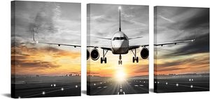 lot 22790 image: OuElegent Airplane Canvas Wall Art  Sunset Runway 3-Panel Decor