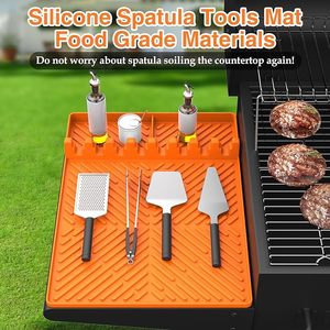 lot 22837 image: Silicone Griddle Spatula Mat with Drip Pad  16 x 11.5 Rectangular Grill Tool Rest (Orange)