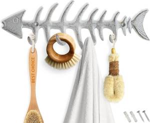 lot 22796 image: Fish Bones Wall Mounted Towel Rack  Cast Iron Hanger with 4 Hooks  Antique White  Includes Screws and Anchors