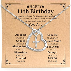 lot 3206 image: Happy 11th Birthday Gift, Heart & Cross Necklace with Card in Leather Pouch, Religious Christian Jewelry for Daughter, Granddaughter, Sister, Niece, etc.