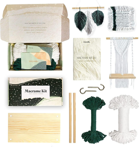 lot 3225 image: DIY Macrame Kit for Adult Beginners, Everything You Need to Create 3 Unique Projects with Step by Step Instructions for (1) Macrame Plant Hanger Shelf, (1) Feather Wall Hanging, & (1) Coaster Project (Written and Video Guide)