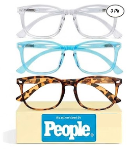 lot 3232 image: (3) Reading Glasses for Women, 1.5 Eye Glasses, Blue Light Readers, 1.5x Magnification Strength, 3 Pairs (frame colors brown, blue, & clear)