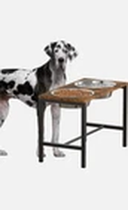 lot 3238 image: Extra Large Elevated Dog Bowls with Heavy-Duty Metal Raised Dog Bowl Stand and (2) Extra Large Stainless Steel Dog Bowls (Brown Wood Bowl Holder and Black Metal Stand)