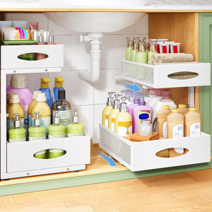 lot 3243 image: 2 Pack -  2 Tier Under Sink, Metal Slide Out Storage ShelfOrganizer. L-Shaped, Adjustable Height, Mesh Sliding Drawer for Kitchen, Bathroom, Laundry, Pantry & More (White)